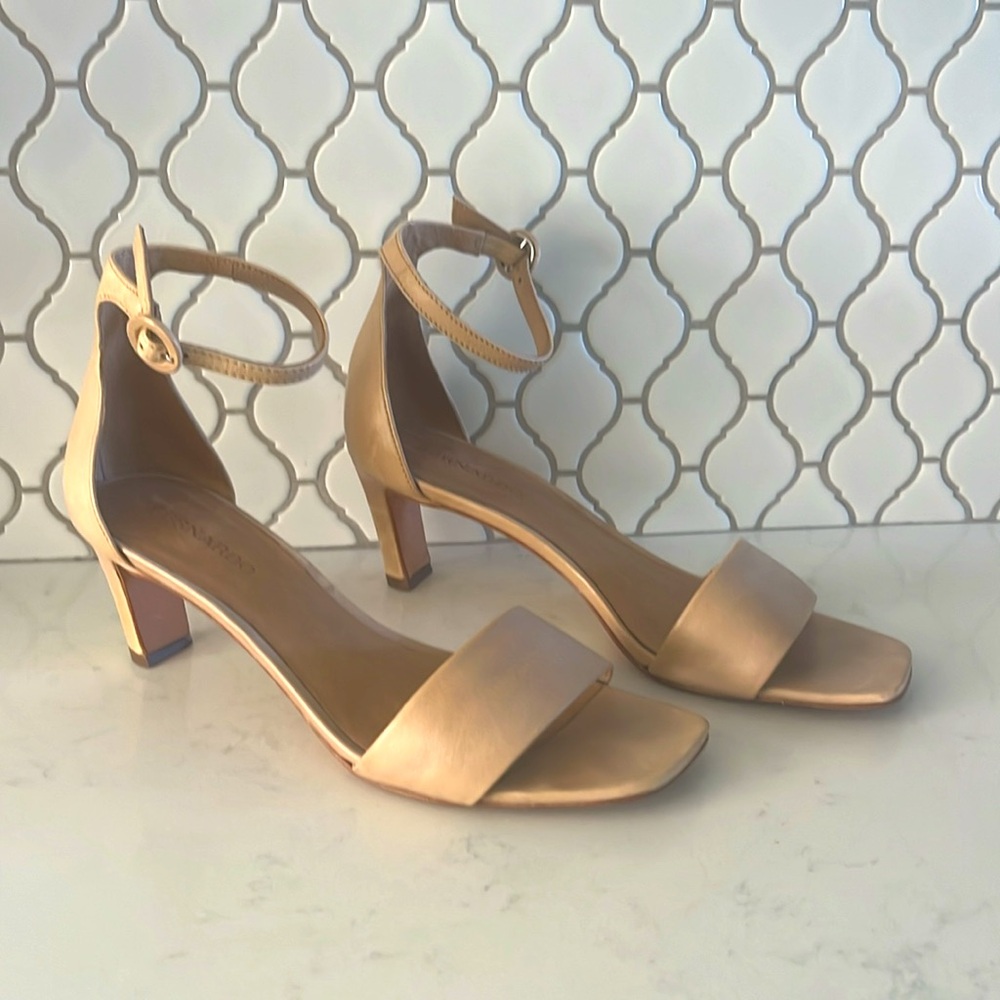 Bernardo Tan Open-Toe, Ankle-Wrap Heels
